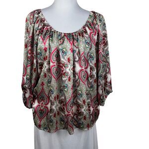 NY Collection Women's Top Sz S Sheer Ivory Paisley Print Scoop Neck 3/4 sleeve
